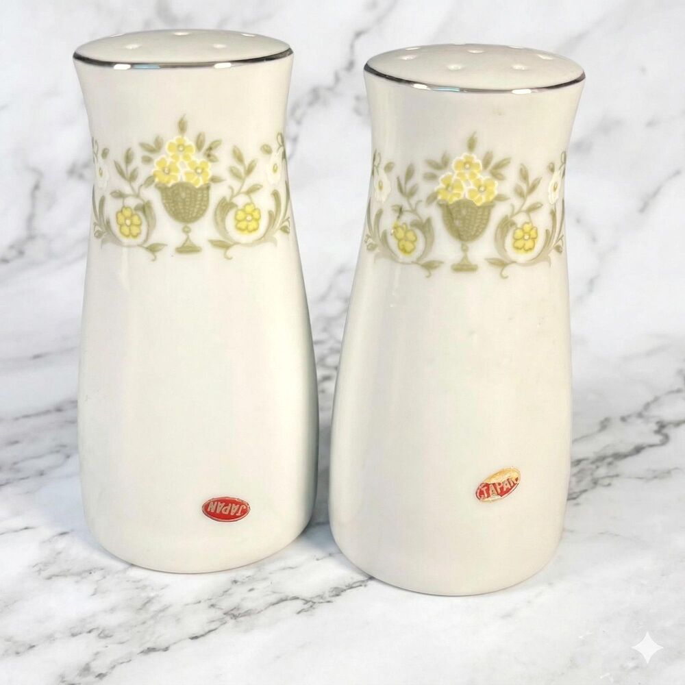 Vintage Japan Fine China Salt and Pepper Shakers Yellow Floral Basket Silver Rim